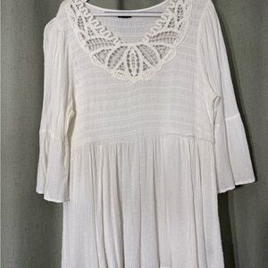 Torrid White Smocked Babydoll Blouse with Crochet Neckline